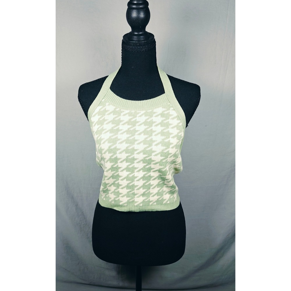 Promesa Sage Green Houndstooth Knit Halter Top G0433 Tie Back Cropped Small NWT